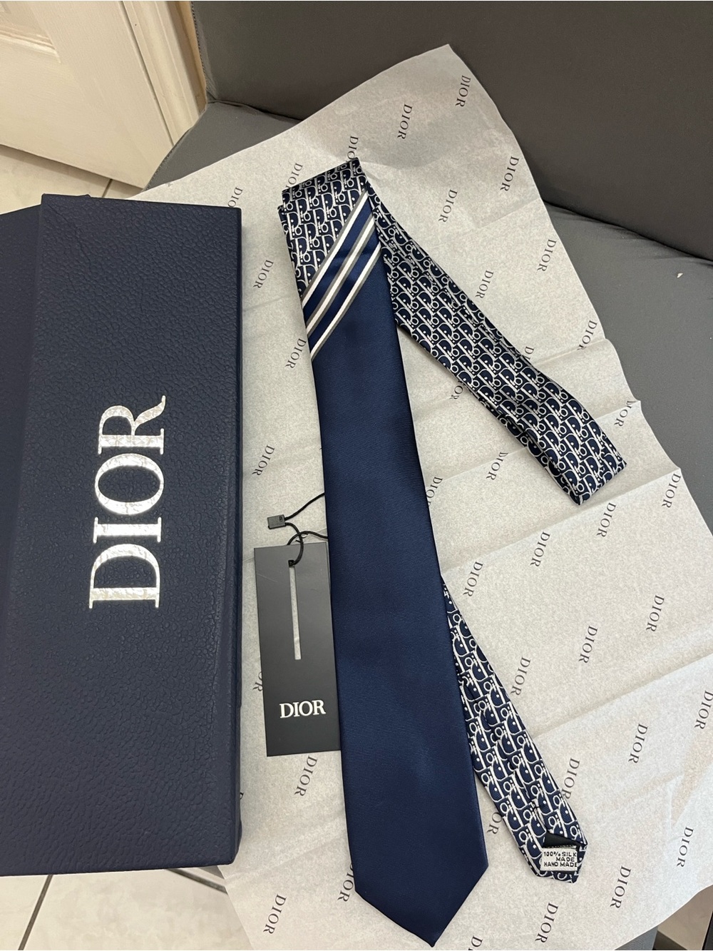 Dior Navy Silk Tie with Signature Dior Pattern